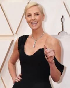 Actress Charlize Theron in a black dress.