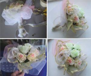 A duplicate bouquet of artificial flowers is ready