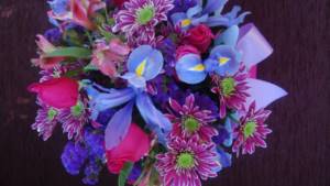 Bouquet of irises, gerberas and roses