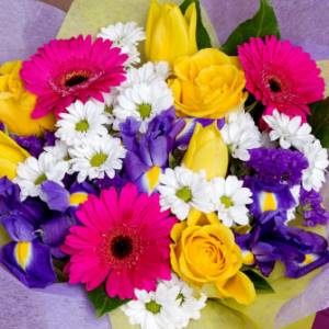 Bouquet of roses, gerberas, chrysanthemums and iris