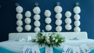 Бумажные белые шарики-помпоны над столом для новобрачных в банкетном зале