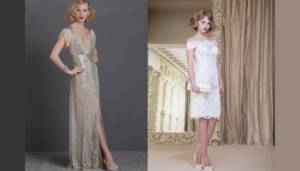 Long nude and short white dresses for brides at a Gatsby style wedding