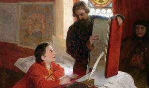 Clerk Zotov teaches Tsarevich Peter to read and write