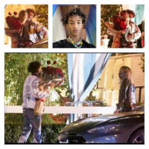 Jaden Smith gives flowers to fashion model and actress Cara Delevingne.