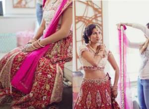 The Indian bride is dressed in a wedding sari.