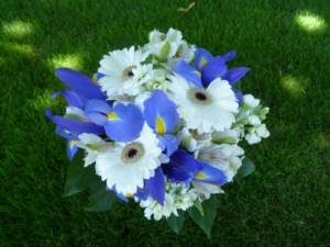Irises in a bouquet with white gerberas