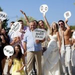 Beautiful wedding photo with signs and speech bubbles