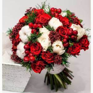 red and white bouquet with cotton