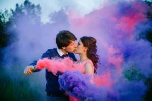 Love story with colored smoke
