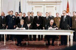 Leonid Brezhnev and Jimmy Carter sign the SALT II agreement. Vienna, 1979 