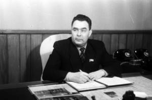 Leonid Ilyich Brezhnev, first secretary of the Dnepropetrovsk regional committee of the Communist Party of Bolsheviks of Ukraine, in his office. Ukrainian SSR. 1946 