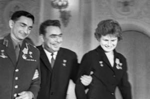USSR pilot-cosmonaut Valery Bykovsky, Chairman of the Presidium of the Supreme Soviet of the USSR Leonid Brezhnev and USSR pilot-cosmonaut Valentina Tereshkova at a reception in the Kremlin. 1963 