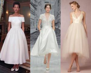 Fashionable wedding dress trends 2021: fitted silhouette and tea-length skirt