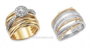 Модные женские кольца 2021 - широкие многорядные кольца из белого и жёлтого золота