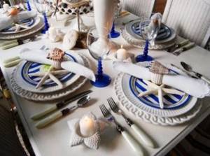 The tables should have decorative elements in a marine theme