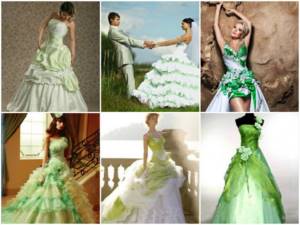 Bridal outfit with green flounces and ruffles