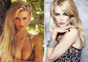 German model and actress Claudia Schiffer in her youth 25-30 years ago and now photo