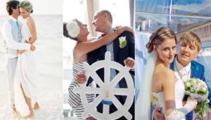 Several options for outfits for the bride and groom in a nautical theme