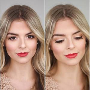 bride with makeup and red lipstick