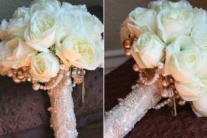 Leg of a bride&#39;s bouquet in a corset