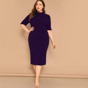 Plus Size Solid Color Pencil Dress with Stand Collar