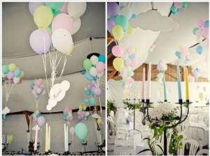 Decorating the wedding venue with balloons (two hearts, an arch, garlands)
