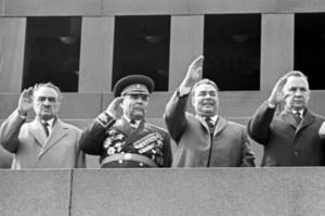 Victory Parade on Red Square, dedicated to the 20th anniversary of the victory over Nazi Germany in the Great Patriotic War. On the podium of the Lenin Mausoleum: Anastas Ivanovich Mikoyan, Rodion Yakovlevich Malinovsky, Leonid Ilyich Brezhnev and Alexey Nikolaevich Kosygin. 1965 