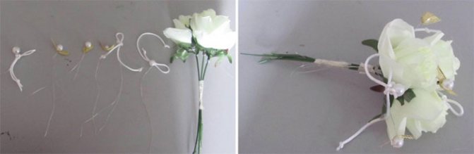 The first stage of creating a double bouquet of artificial flowers