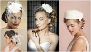 Flat hats, large flowers and a short veil are a great addition to the look of a retro bride.