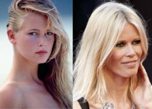 Popular German model and actress Claudia Schiffer in her youth 25-30 years ago and now photo