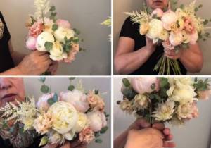 Step-by-step instructions for decorating a beige bridal bouquet