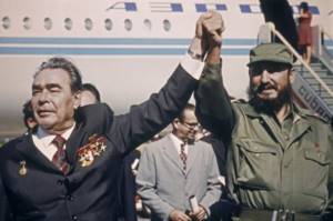 Prime Minister of the Republic of Cuba Fidel Alejandro Castro Ruz sees off General Secretary of the CPSU Central Committee Leonid Ilyich Brezhnev at José Marti Airport. Brezhnev&#39;s visit to the Republic of Cuba. 1974 