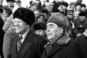 US President Gerald Ford and General Secretary of the CPSU Central Committee Leonid Ilyich Brezhnev at Vladivostok airport, 1974