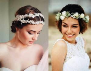 Hairstyle for the bride in a bob with a wreath