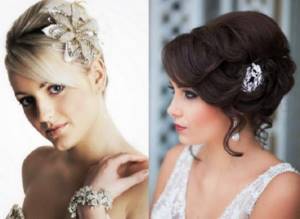 Hairstyle for the bride in a bob with a hairpin