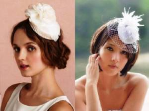 Hairstyle for the bride in a bob with a hat