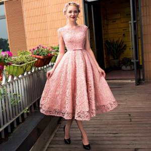 Pink midi-length wedding dress with lace