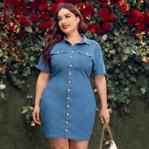With Pockets Solid Color Casual Denim Dresses Plus Size
