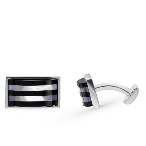 Silver cufflinks with onyx and sunlight mother-of-pearl