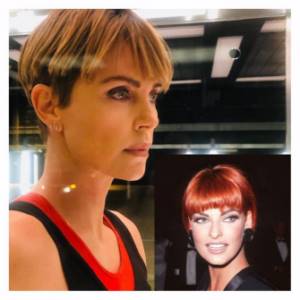 Charlize Theron and Linda Evangelista. Comparison of hairstyles. A haircut. 