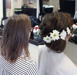 Wedding hairstyle for short hair for brunettes with daisies