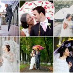 Wedding photos of newlyweds with umbrellas