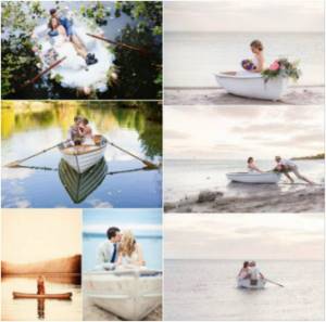 Wedding photos of newlyweds in a wooden boat