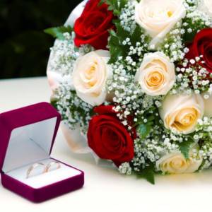 wedding rings and bridal bouquet of roses