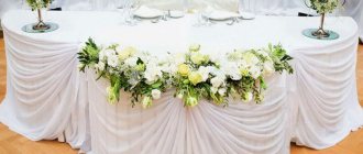 Свадебный стол с белой декорирующей тканью и подсвечниками