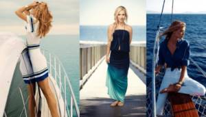 Three outfit options for a bride at a seaside wedding