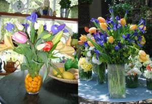 Spring bouquets of tulips and irises