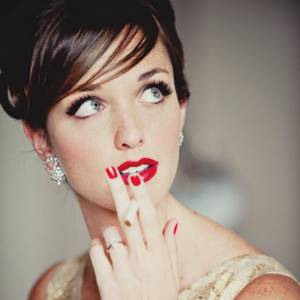 bright wedding makeup with red lipstick
