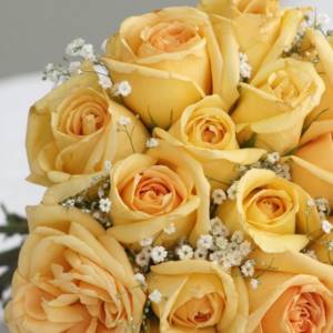 yellow roses with small white flowers in a wedding bouquet