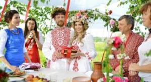 bride and groom in folk costumes